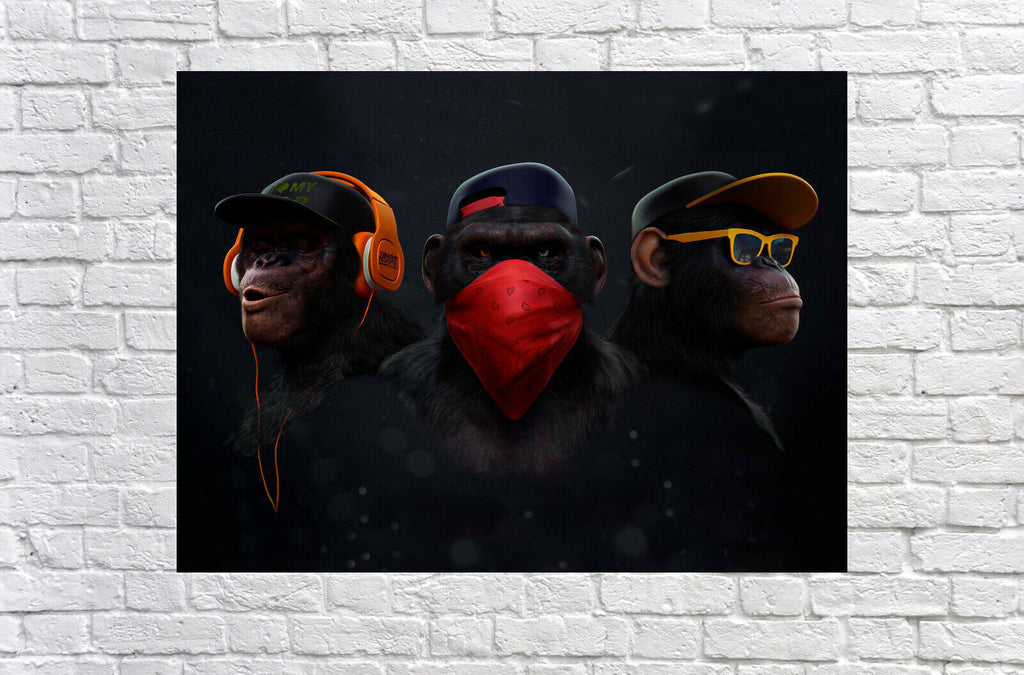 3 Modern Wise / Swag Monkeys Abstract Canvas Wall Art Picture Print