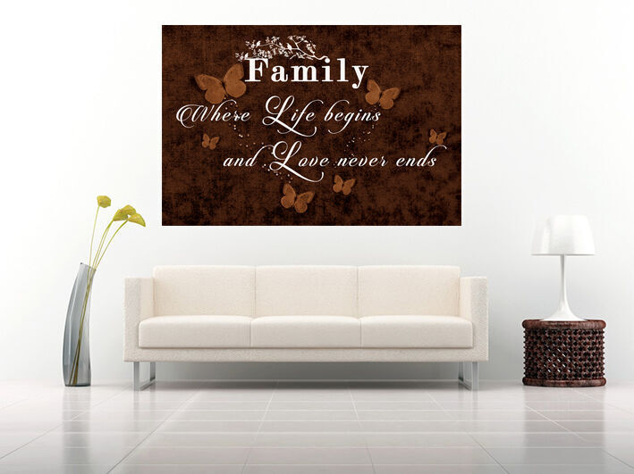 FAMILY QUOTE Where Life Begins - BROWN- Canvas Wall Art Picture Print- ALL SIZES
