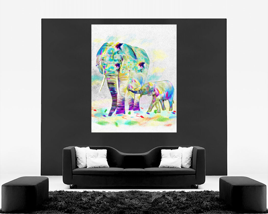 Abstract Baby Elephant & Mother on CANVAS WALL ART Picture Print