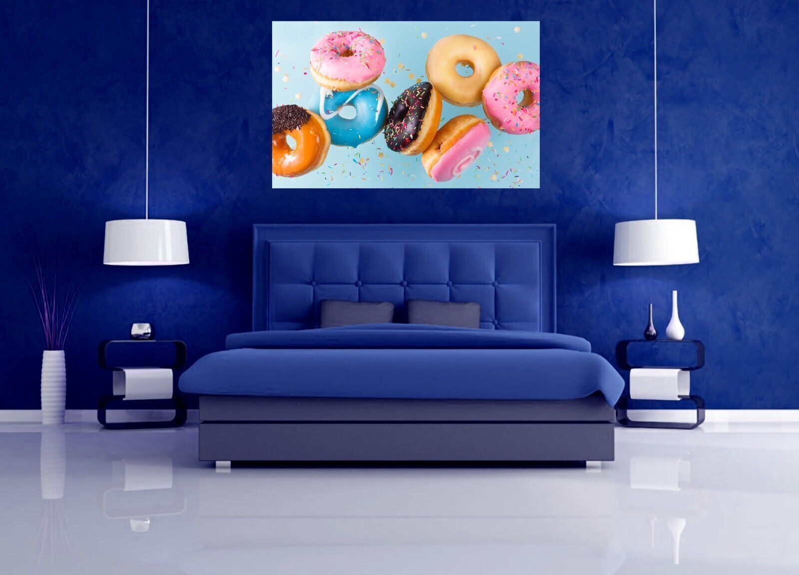 Colourful Brown Pink Blue Doughnut With Cream Food Canvas Wall Art Picture Print