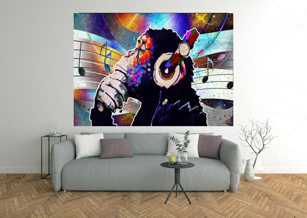 Abstract DJ Music Monkey with headphones Canvas Wall Art Print Picture