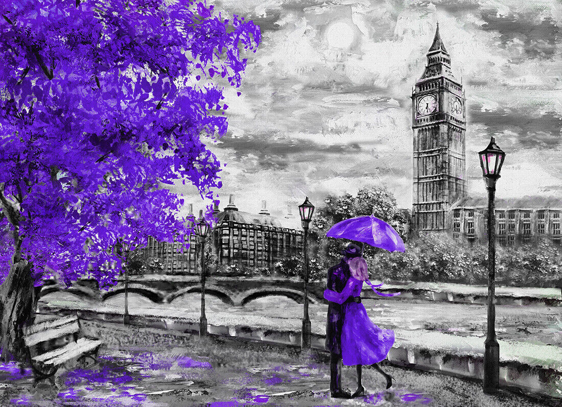 London Oil Painting  Big Ben Purple Umbrella Canvas Wall Art Picture Print