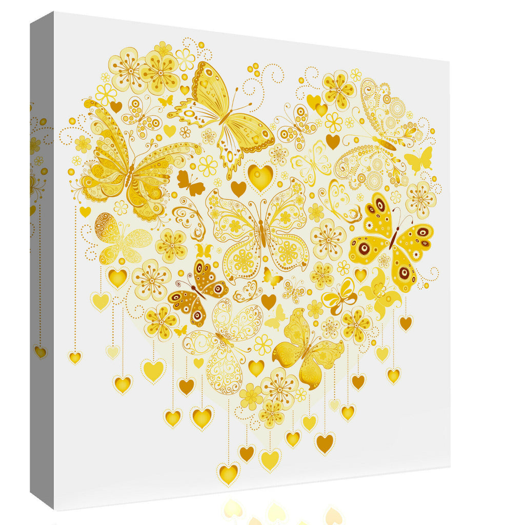 Yellow / Mustard Heart of Butterflies Abstract Canvas Wall Art Picture Print