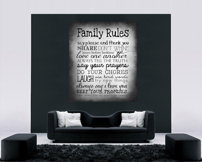 Black & White Family Rules Quote, Canvas Wall Art Print ALL SIZES, ANY COLOUR