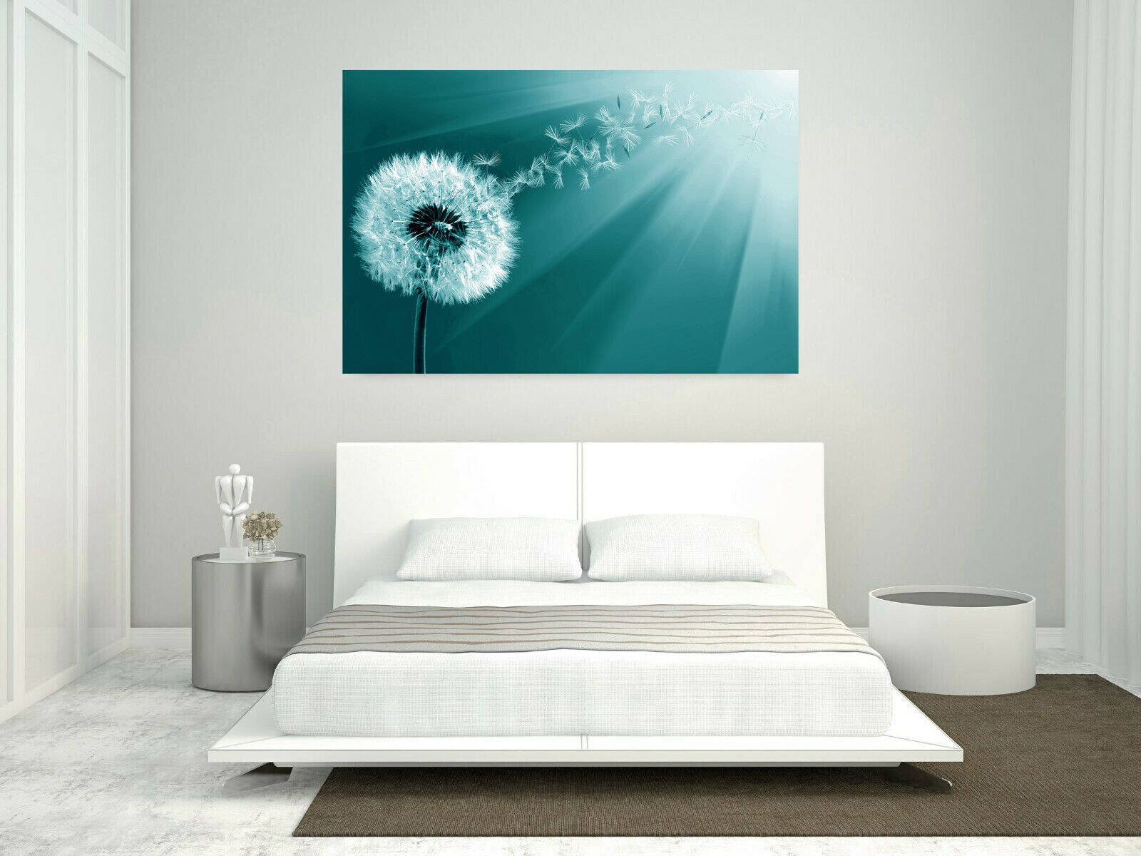Duck Egg Blue Dandelion Blowing into Sunlight Canvas Wall Art Picture Print