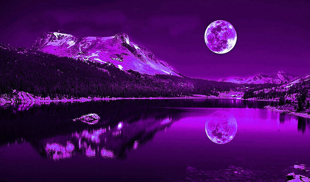 Purple Plum Moonlit Lake Cotton Canvas Wall Art Picture Print - A1, A2 sizes