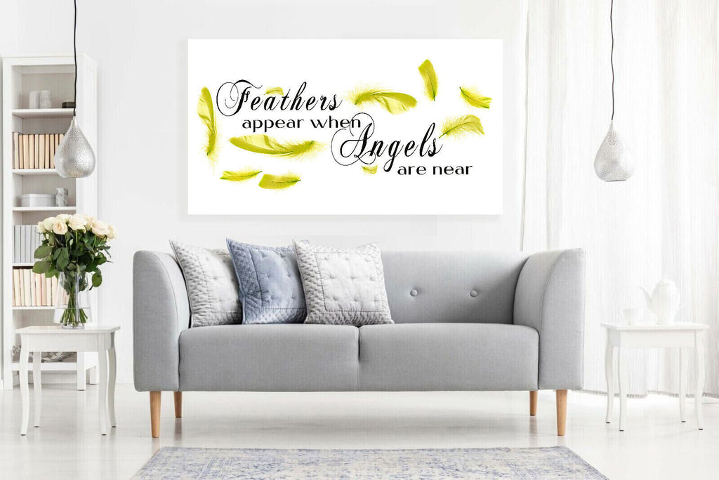 Yellow Feathers appear when angels quote Canvas Wall Art Picture Print