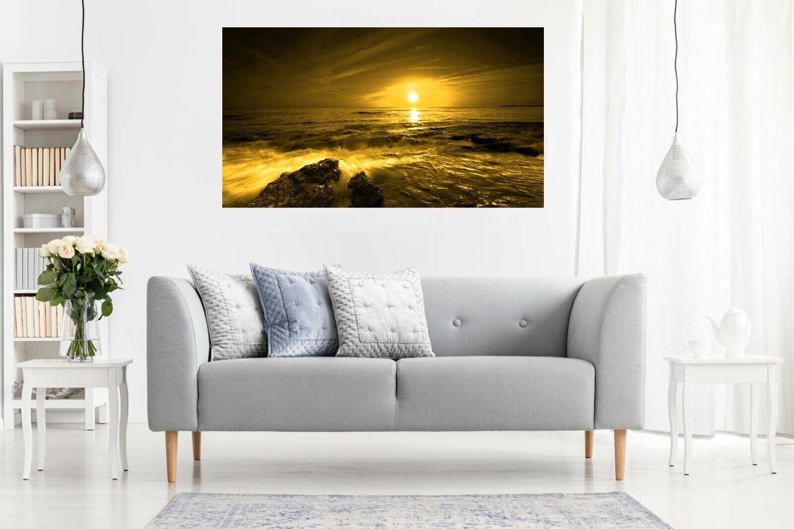 Sunset Over The Ocean seascape Yellow Canvas Wall Art Picture Print