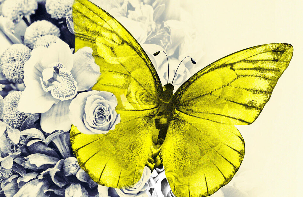 Yelllow butterfly on floral abstract background Canvas Wall Art Picture Print