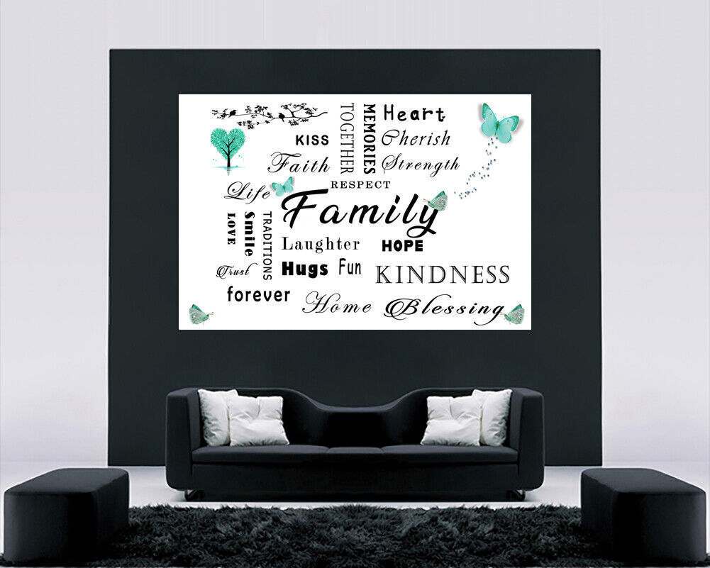 FAMILY QUOTE WORDS DUCK EGG BLUE BUTTERFLY CANVAS WALL ART Picture Print