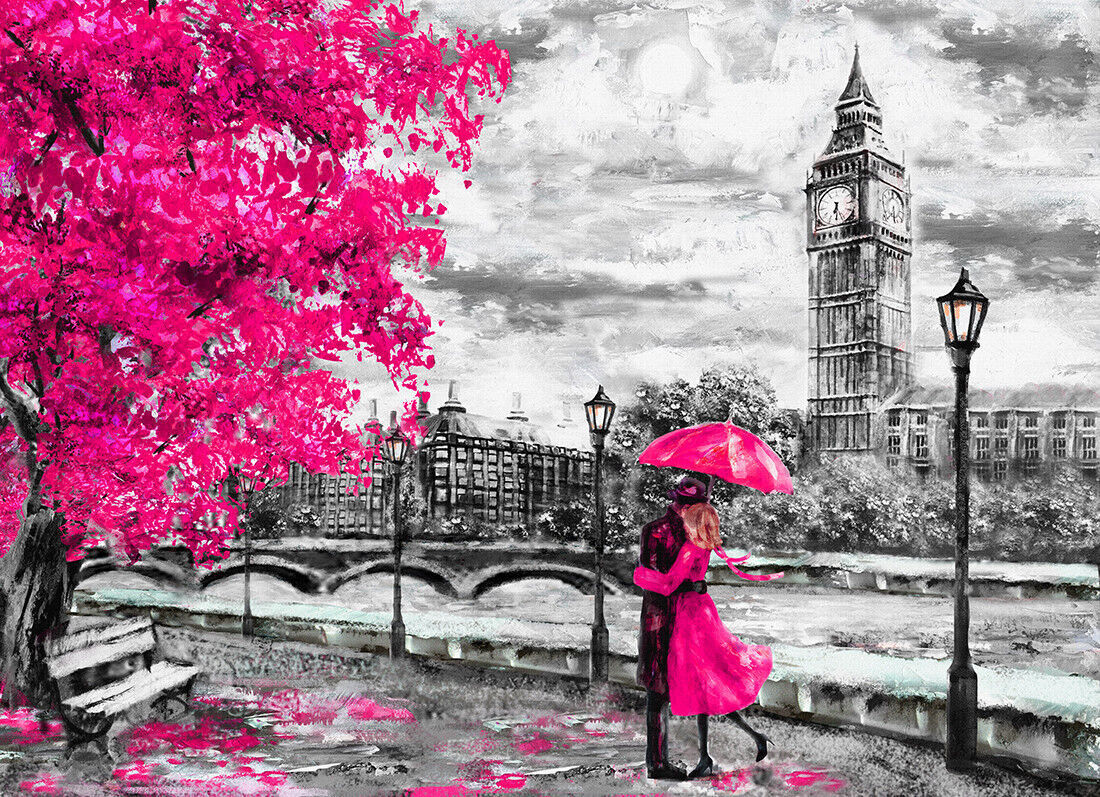 London Oil Painting Artwork Big Ben Pink Umbrella Canvas Wall Art Picture Print