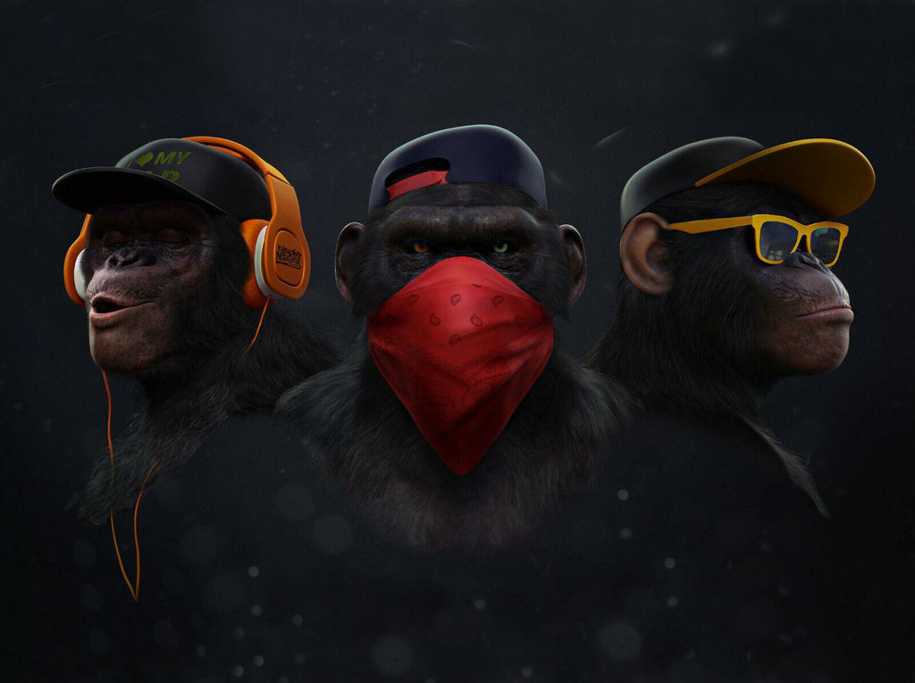 3 Modern Wise / Swag Monkeys Abstract Canvas Wall Art Picture Print