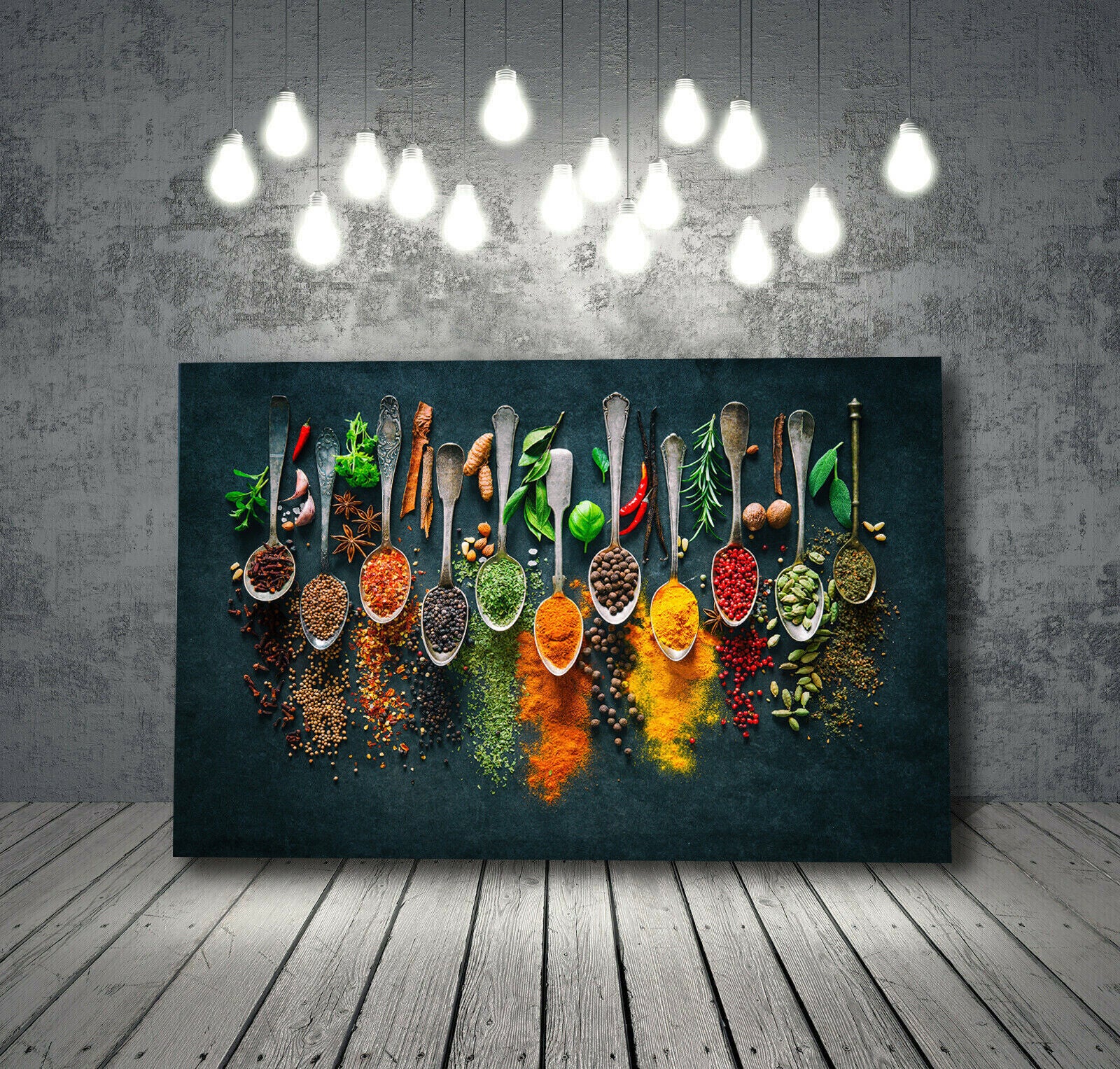 Herbs and Spices on Spoons Kitchen Canvas Wall Art Picture Print