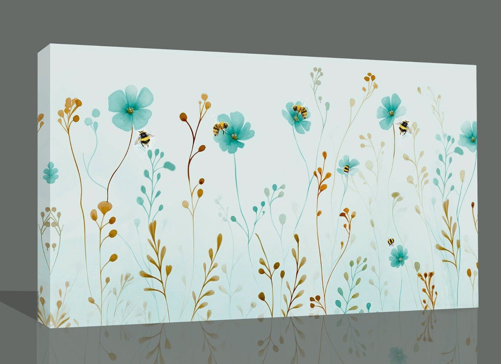 Duck Egg Blue Watercolor Floral Flowers and Bees Canvas Wall Art Picture Print