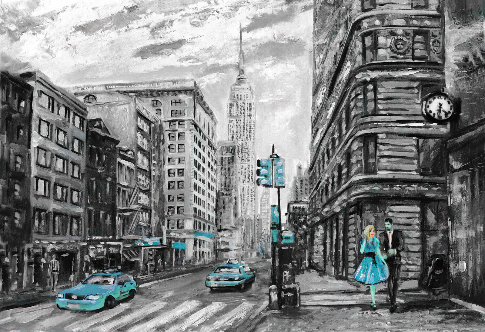 New York City Umbrella Canvas Wall Art Picture Print Oil Painting Duck Egg Blue