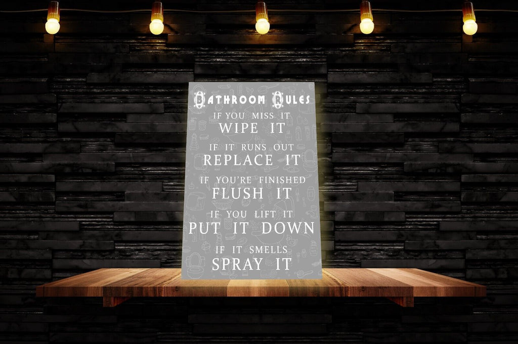 Grey Bathroom Rules Quote CANVAS WALL ART Picture Print