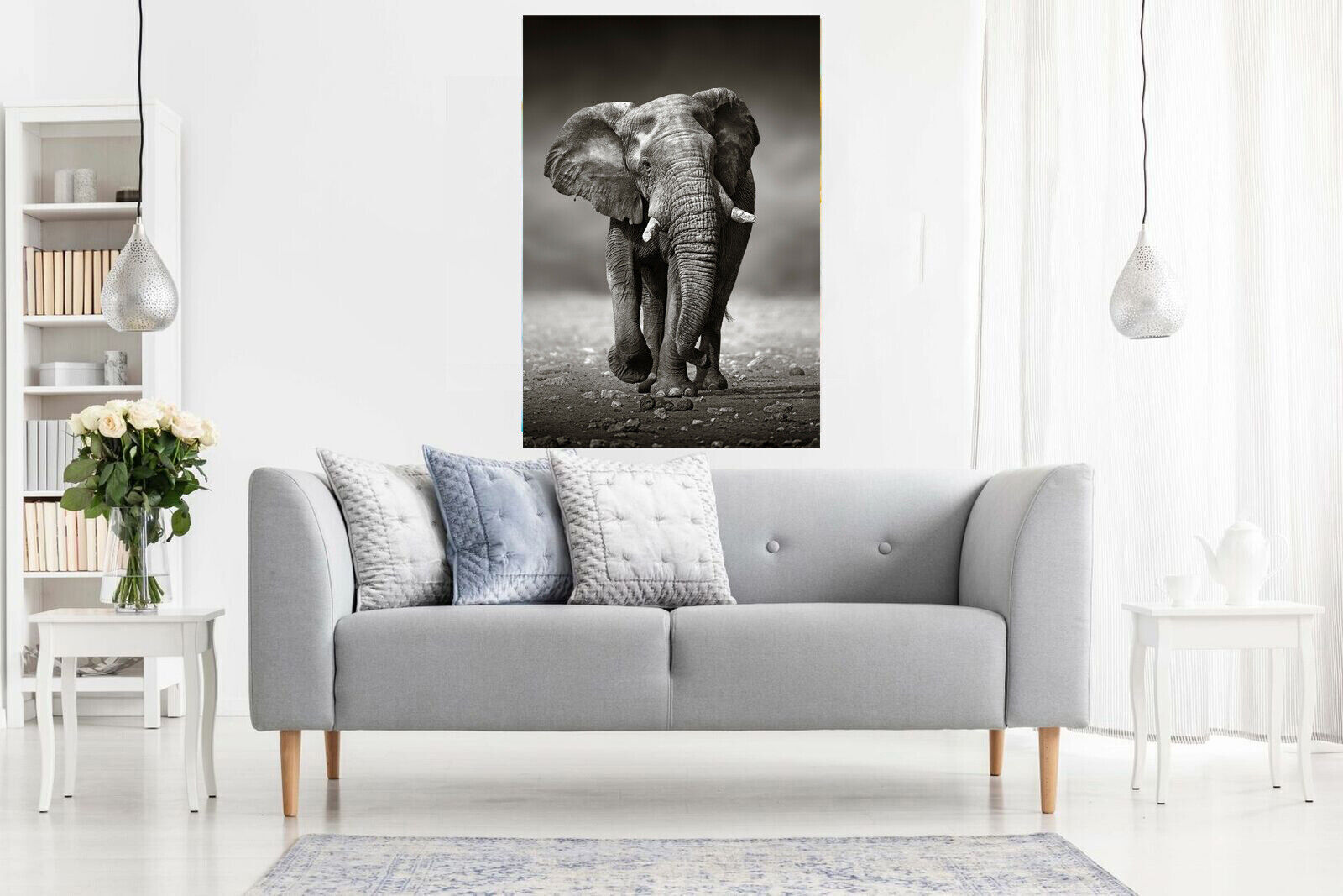 Elephant in Safari Black And White Canvas Wall Art Picture Print