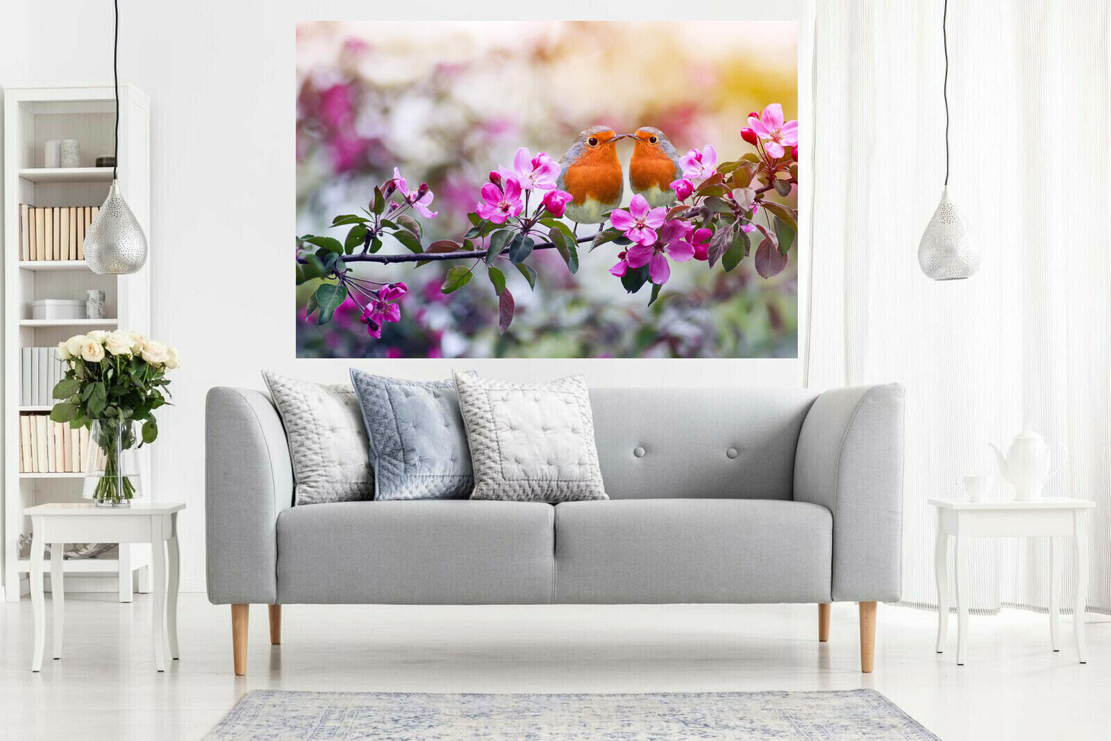 Pair Robins / Birds on Floral Tree Canvas Wall Art Print Picture