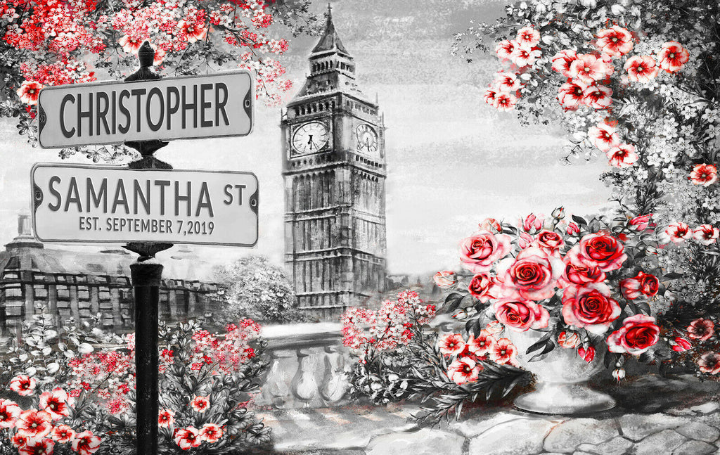 Red Personalized Names & Established Date Street Sign Canvas Wall Art Print