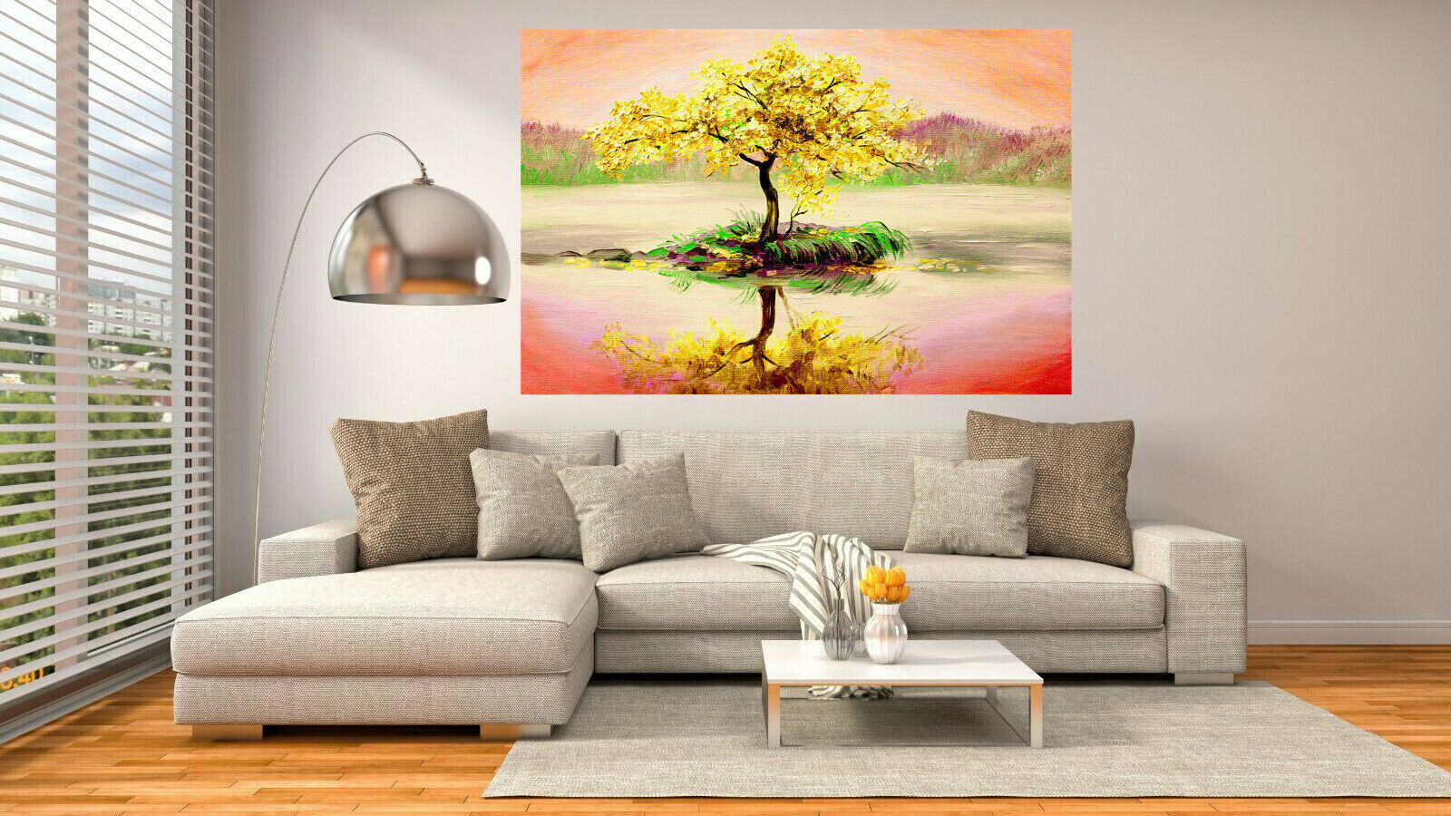 Yellow / Mustard Tree on Lake With Sunset Sky Canvas Wall Art Picture Print