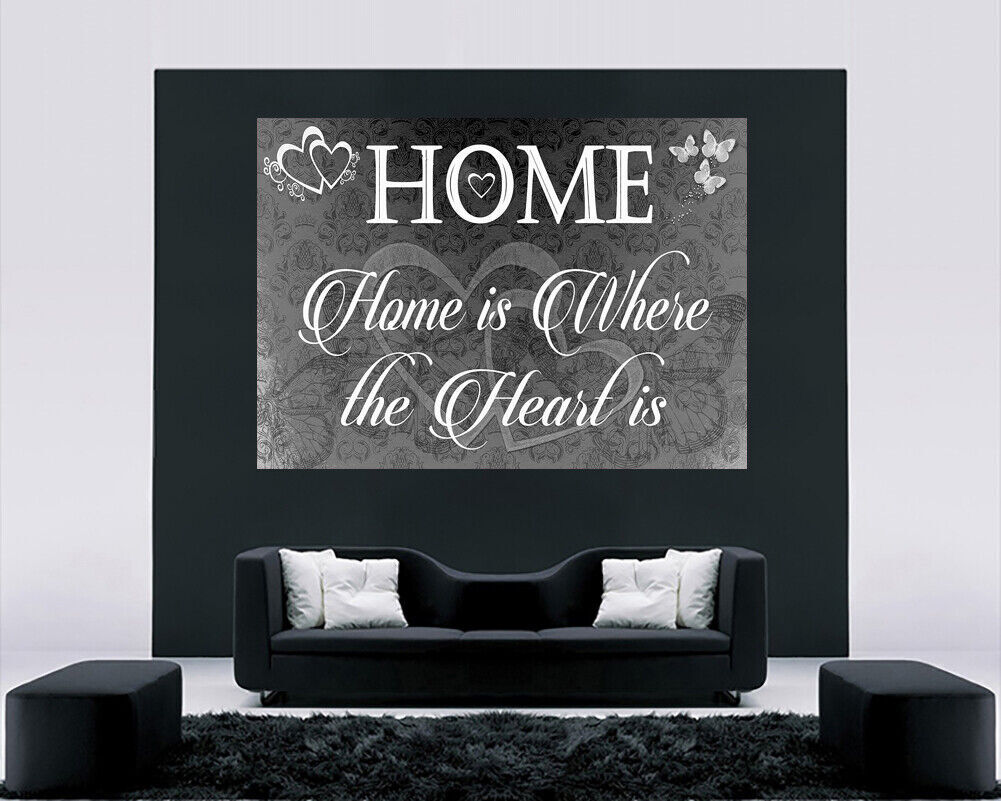 Home is where the heart is quote Black Grey Canvas Wall Art Picture Print