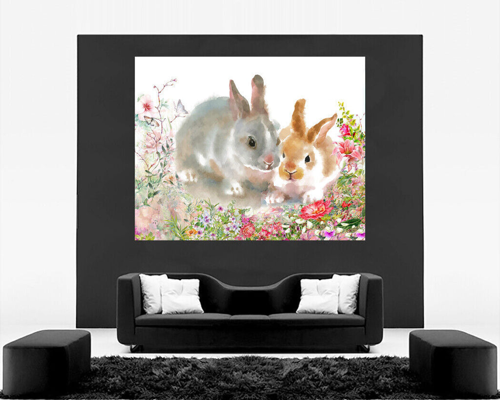 Rabbits in flowers watercolor painting Canvas Wall Art Picture Print