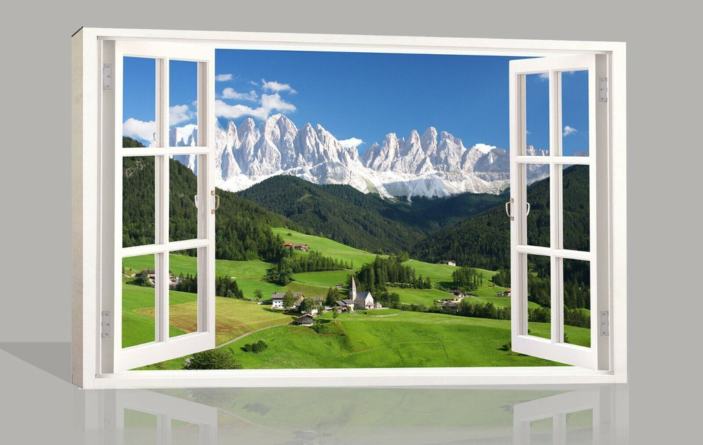 Swiss Alps Landscape through window Canvas Wall Art Picture Print