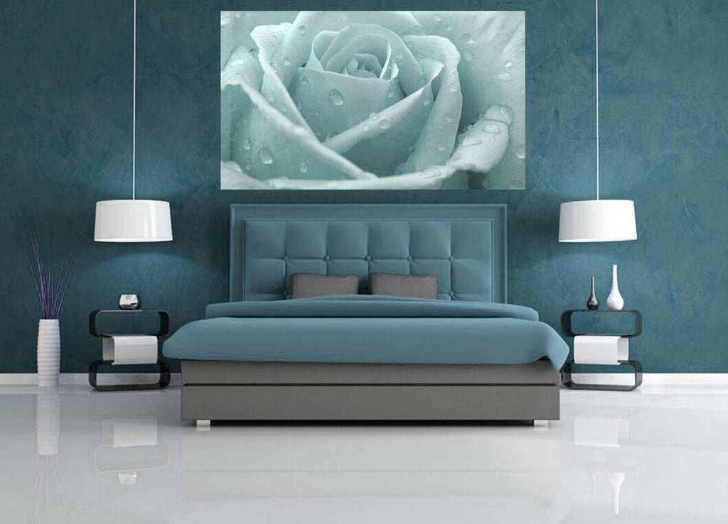 Duck Egg Blue Rose with Raindrops Canvas Wall Art Print 100% cotton A1 A2 A0 A4