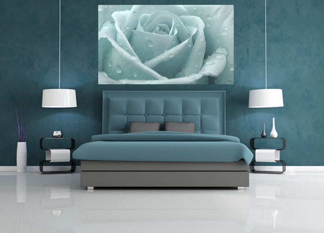 Duck Egg Blue Rose with Raindrops Canvas Wall Art Print 100% cotton A1 A2 A0 A4