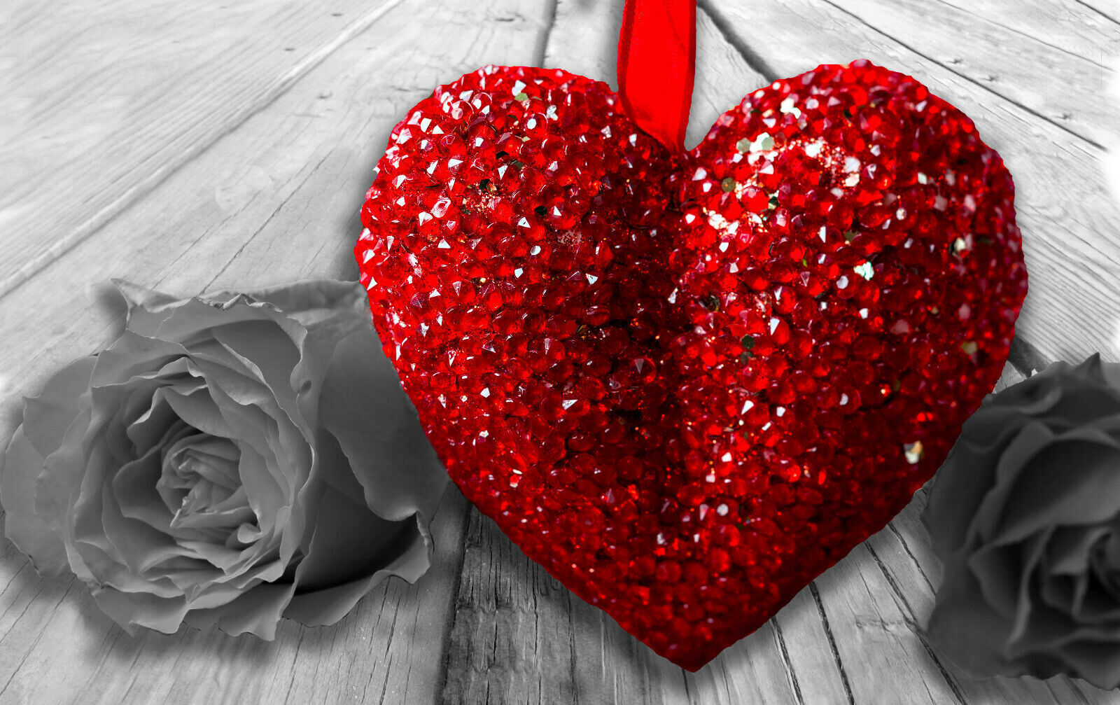 Red Heart & Rose Flower on grey wood Canvas Wall Art Picture Print