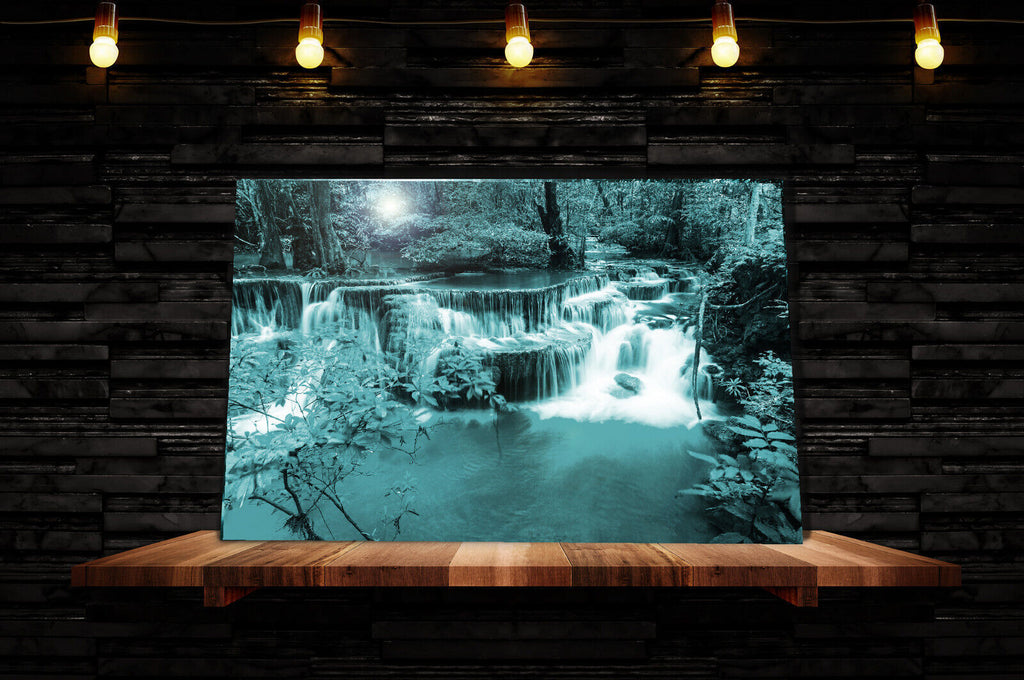 Duck Egg Blue Waterfall Trees Landscape Canvas Wall Art Picture Print