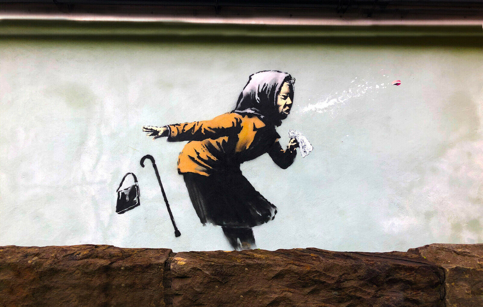 Banksy Elderly Woman Sneezing Graffiti Canvas Wall Art Picture Print  Brown Grey