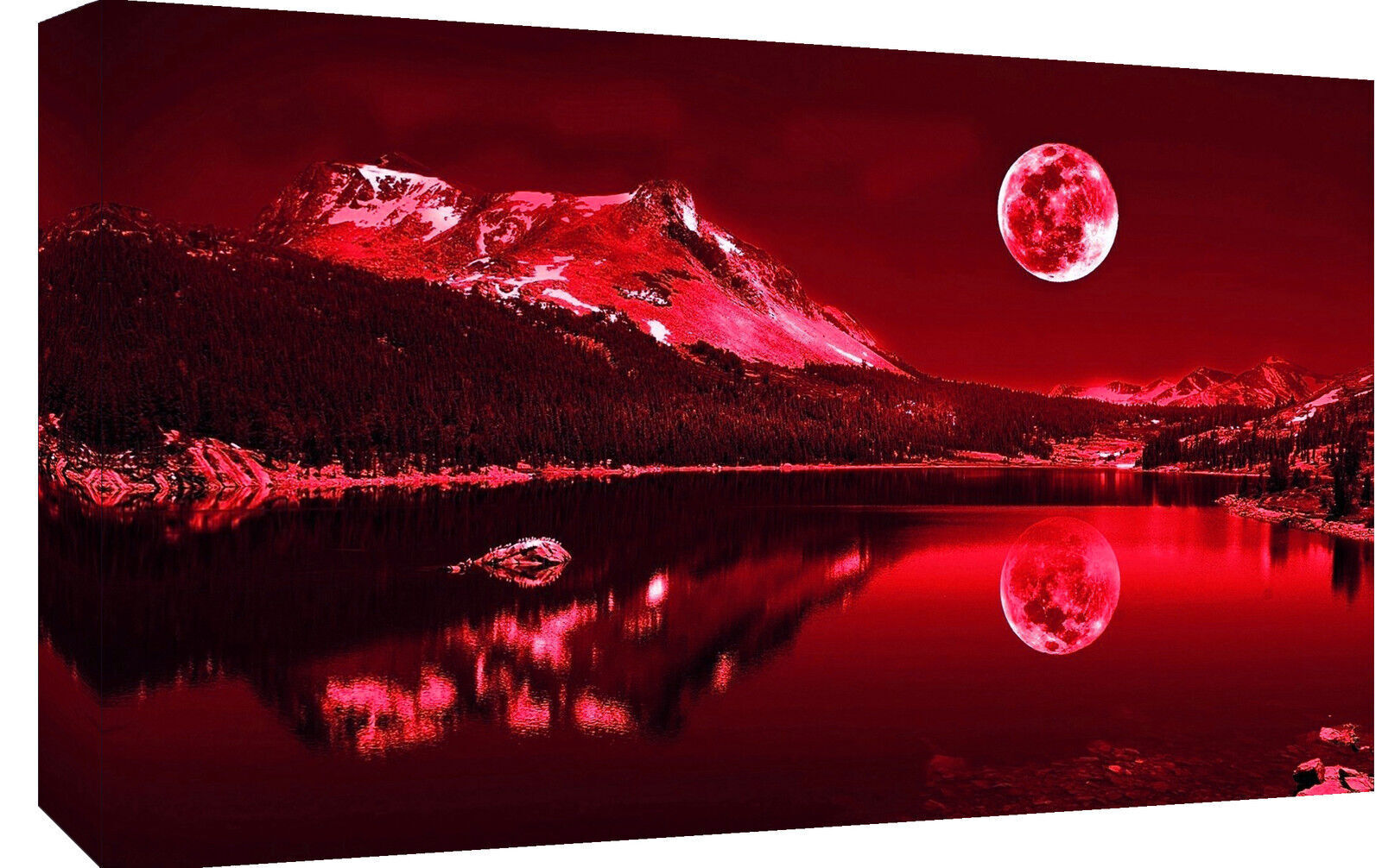 Red Tones Moonlit Lake Cotton Canvas Wall Art Picture Print - A1, A2 sizes