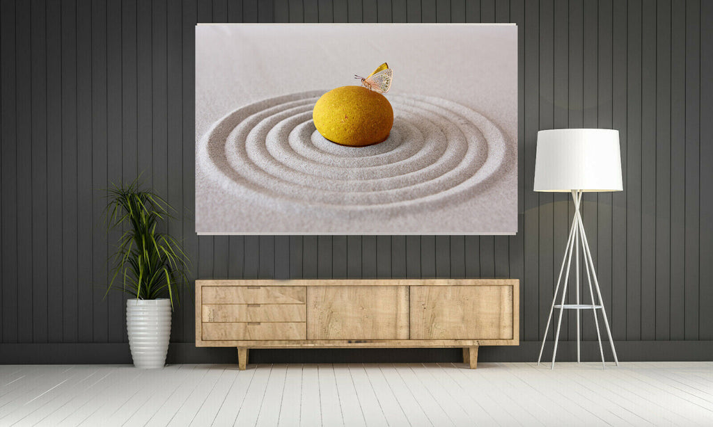 YELLOW MUSTARD ZEN PEBBLE & BUTTERFLY SAND RIPPLE Canvas Wall Art Picture Print