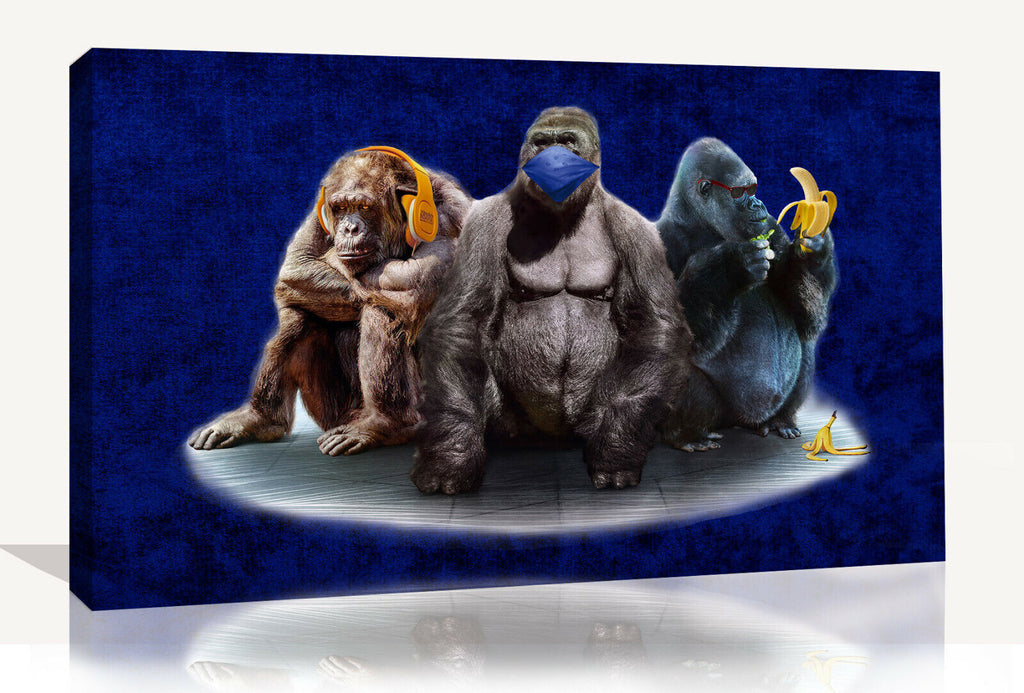 Navy Blue 3 Modern Wise Gorillas Abstract Canvas Wall Art Picture Print