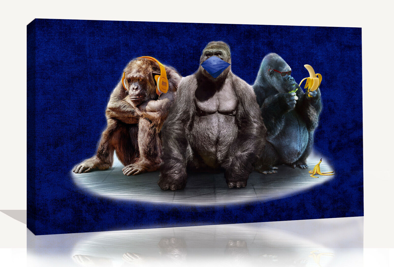 Navy Blue 3 Modern Wise Gorillas Abstract Canvas Wall Art Picture Print