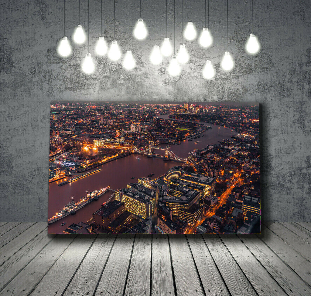 London city lights at night with bridge and river Canvas Wall Art Picture Print