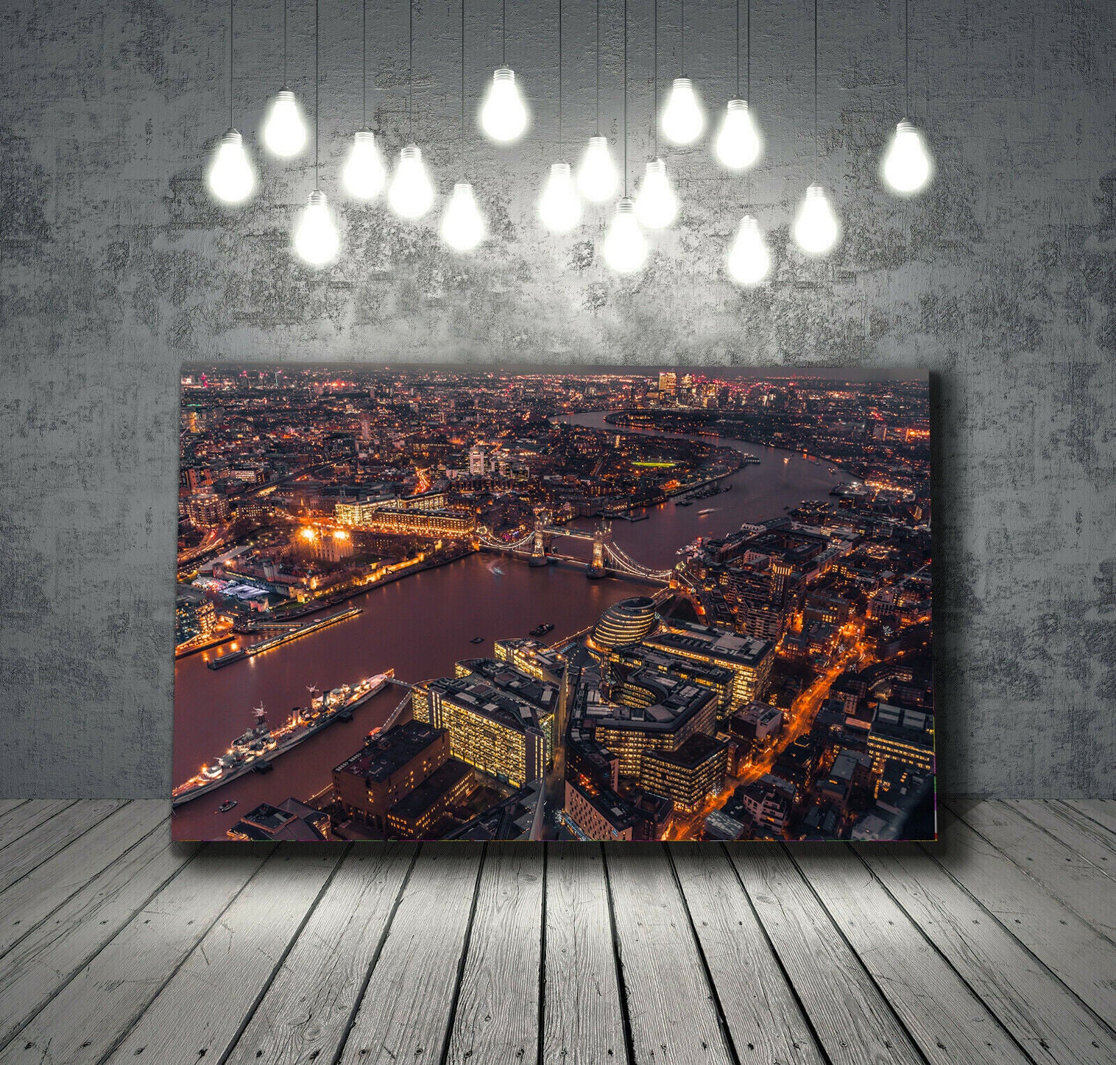 London city lights at night with bridge and river Canvas Wall Art Picture Print
