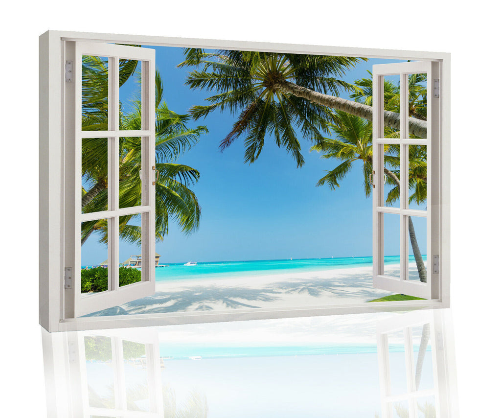 Maldives Tropical Beach View 3D Window Effect Canvas Wall Art Picture Print