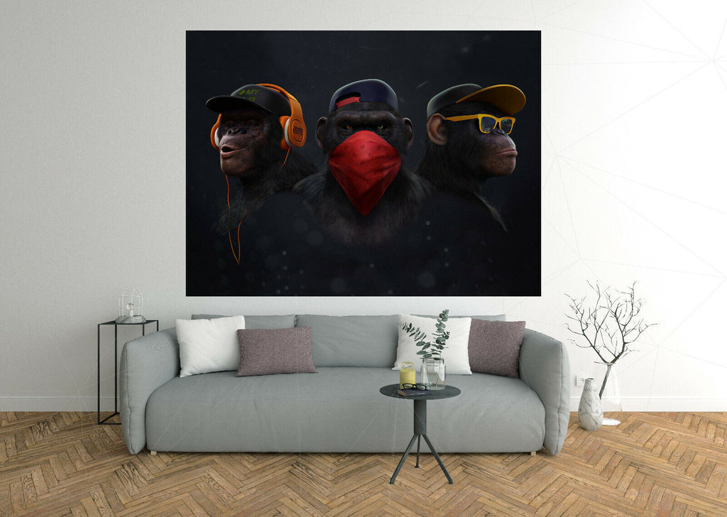 3 Modern Wise / Swag Monkeys Abstract Canvas Wall Art Picture Print
