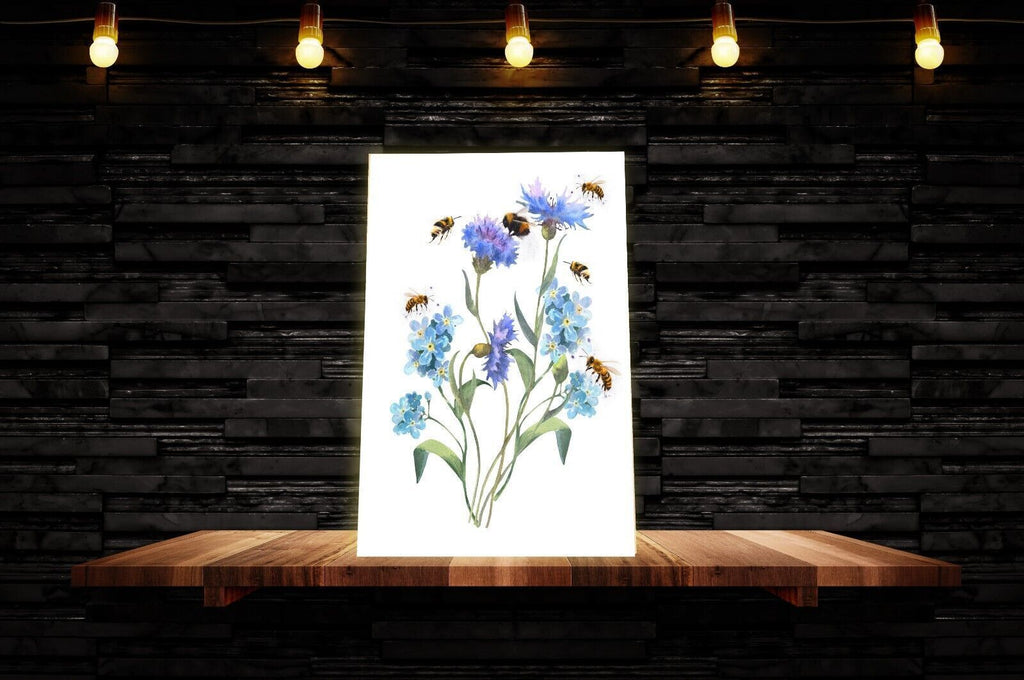 Watercolor Blue Forget Me Not Flowers and Bees Canvas Wall Art Picture Print
