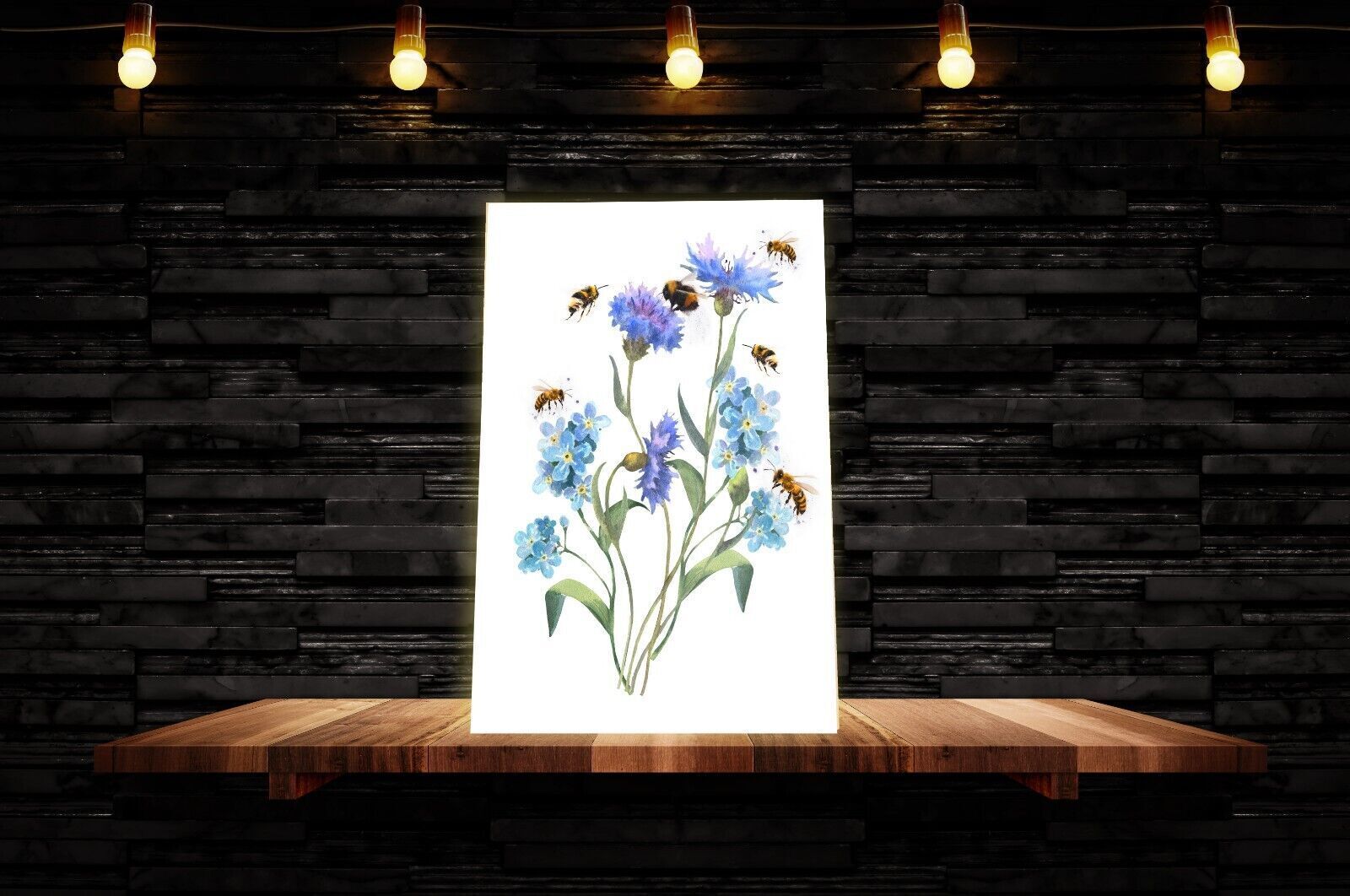 Watercolor Blue Forget Me Not Flowers and Bees Canvas Wall Art Picture Print