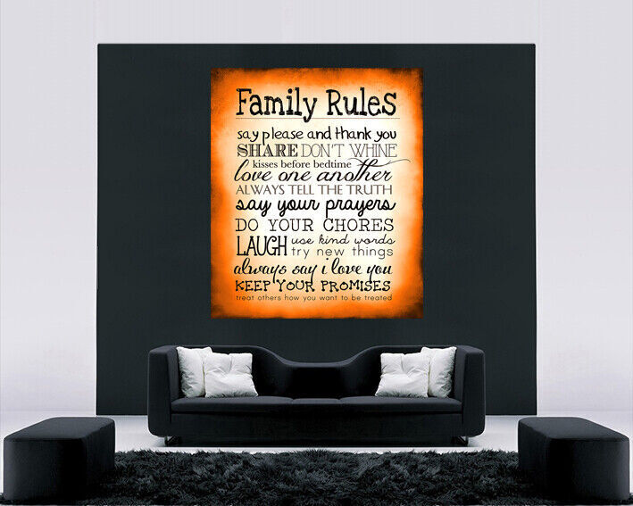 Orange Family Rules Quote, Canvas Wall Art Picture Print ALL SIZES, ANY COLOUR