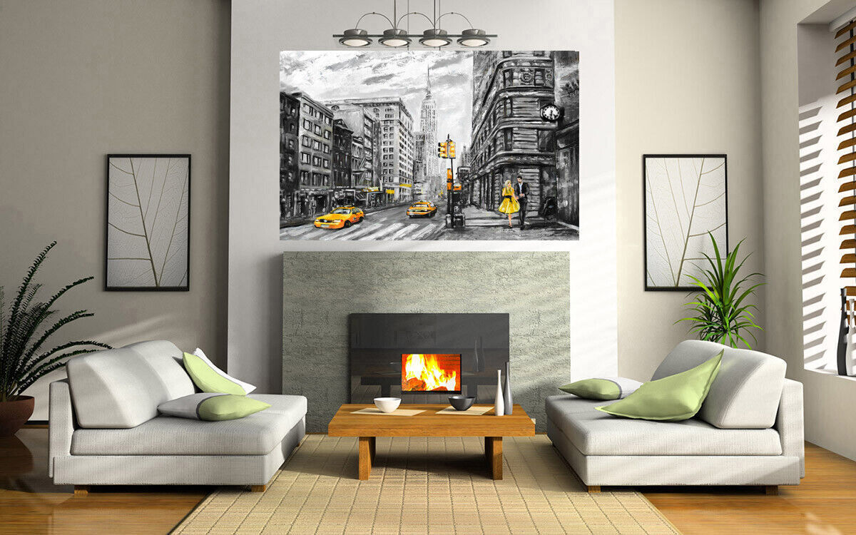 New York City Umbrella Canvas Wall Art Picture Print Oil Painting Yellow