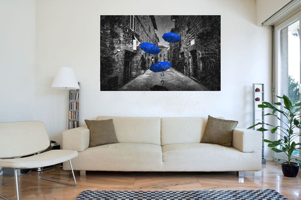 Flying black blue umbrellas in street in Tuscany Canvas Wall Art Picture Print