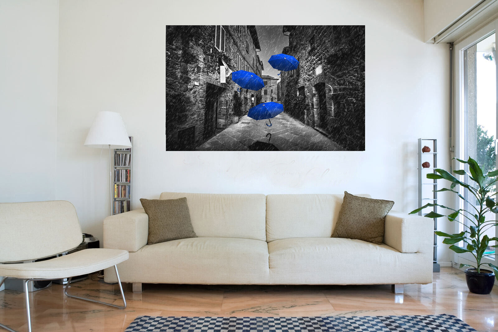 Flying black blue umbrellas in street in Tuscany Canvas Wall Art Picture Print