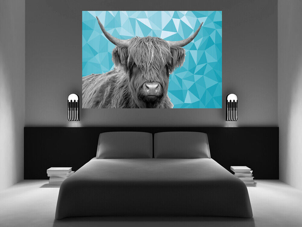 HIGHLAND COW BLACK, WHITE DUCK EGG BLUE GEO CANVAS WALL ART PRINT ARTWORK
