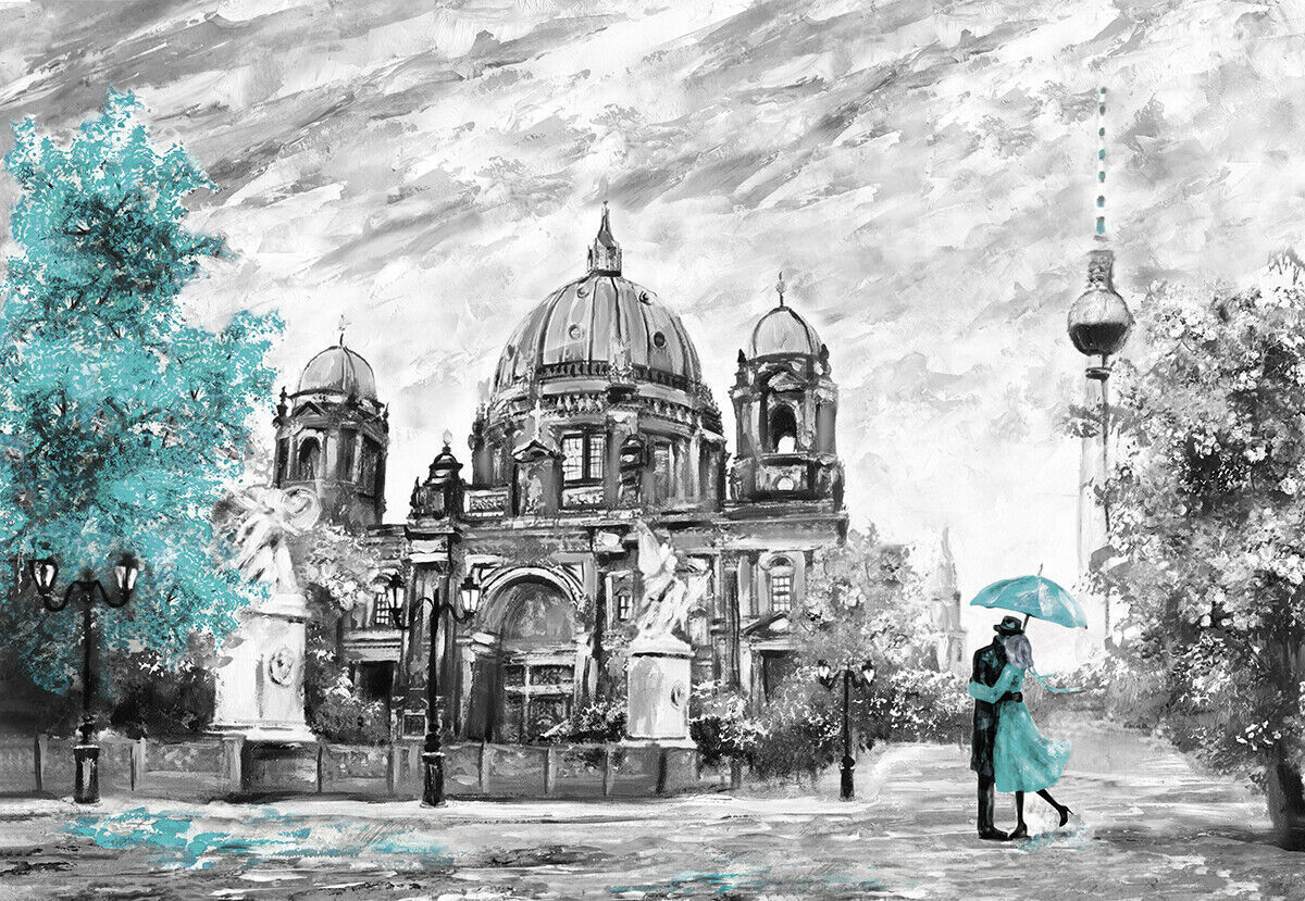 Duck Egg Blue Berlin City Umbrella Canvas Wall Art Picture Print Oil Painting
