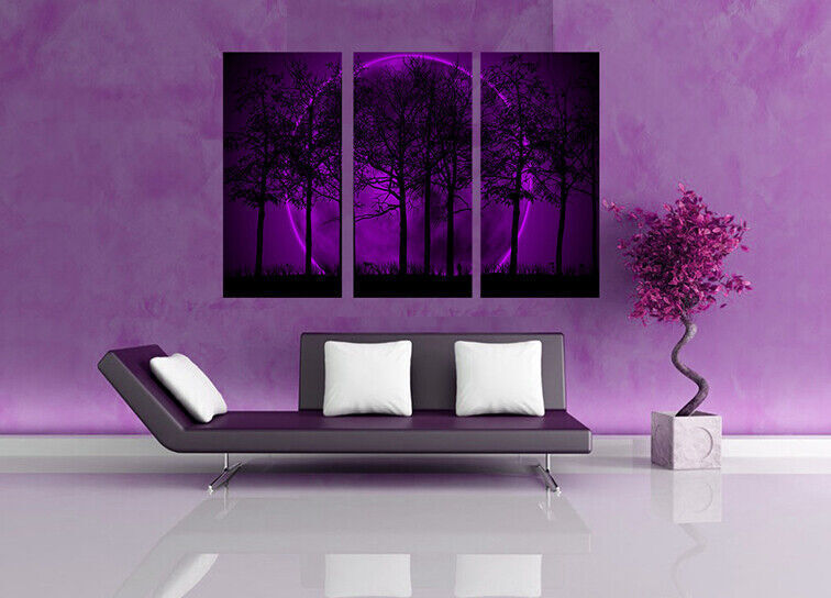 PURPLE MOON LANDSCAPE CANVAS WALL ART PICTURE - 3 PANELS 41" X  26"