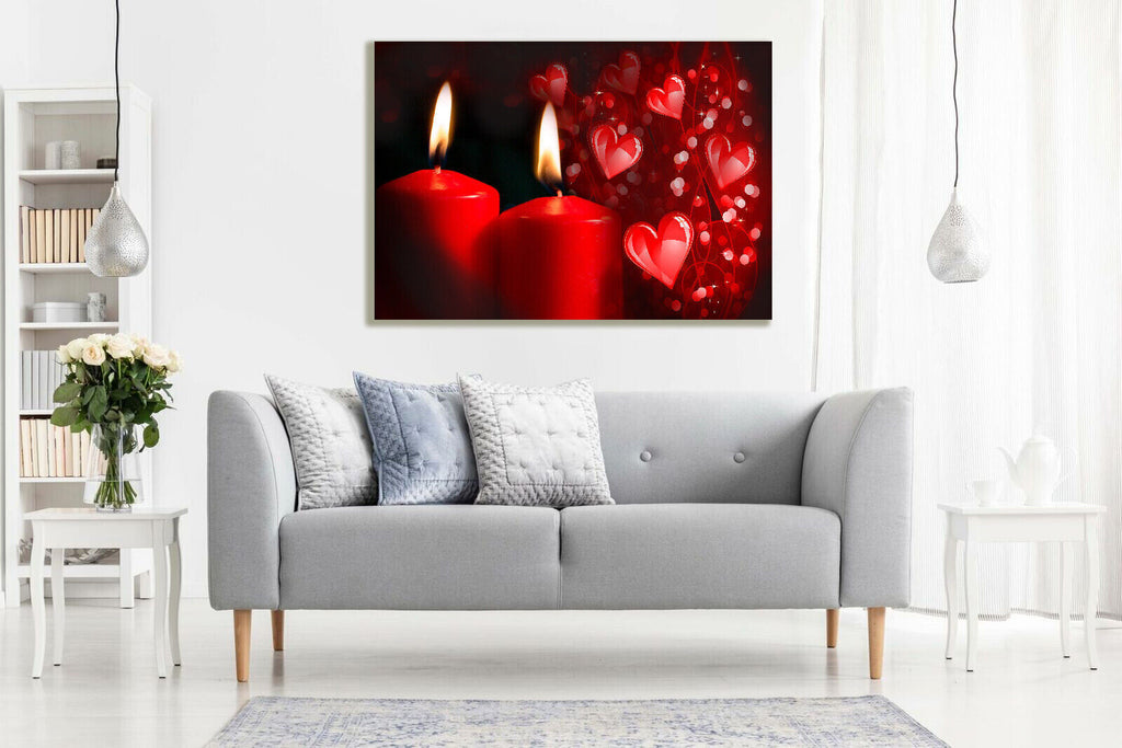 Red Romantic Hearts Candles Love Canvas Wall Art Picture Print